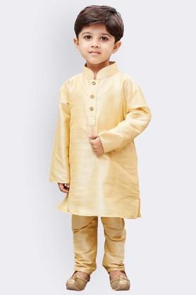 solid silk blend mandarin boys kurta pyjama set - gold