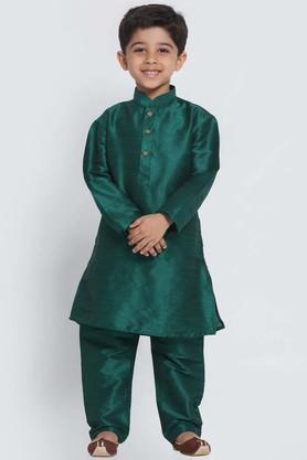 solid silk blend mandarin boys kurta pyjama set - green