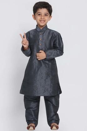 solid silk blend mandarin boys kurta pyjama set - grey