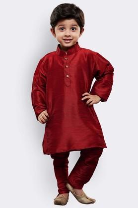solid silk blend mandarin boys kurta pyjama set - maroon