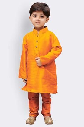 solid silk blend mandarin boys kurta pyjama set - orange