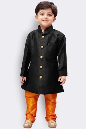 solid silk blend mandarin boys sherwani and churidar set - black