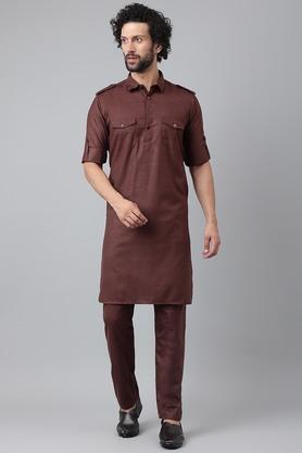 solid silk blend regular fit mens kurta - brown