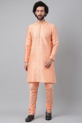 solid silk blend regular fit mens kurta - peach