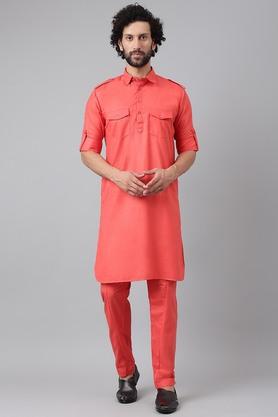 solid silk blend regular fit mens kurta - pink