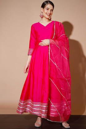 solid silk blend regular fit women's kurta palazzo dupatta set - pink