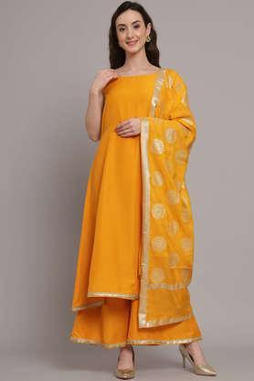solid silk blend round neck women's kurta palazzo dupatta set - yellow