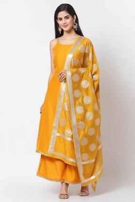 solid silk blend round neck women's kurta palazzo set - yellow