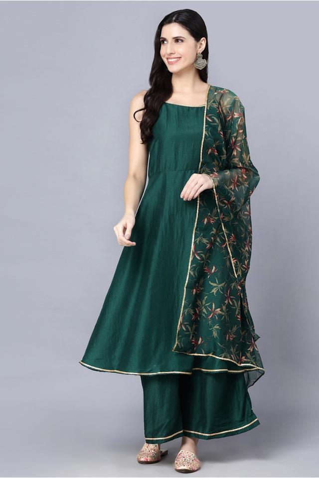 solid silk blend round neck womens salwar kurta dupatta set