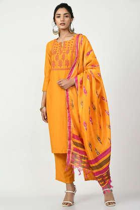 solid silk blend straight fit women's kurta with trouser and dupatta - yellow