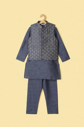 solid silk regular fit boys kurta pyjama jacket set - blue
