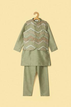 solid silk regular fit boys kurta pyjama jacket set - green