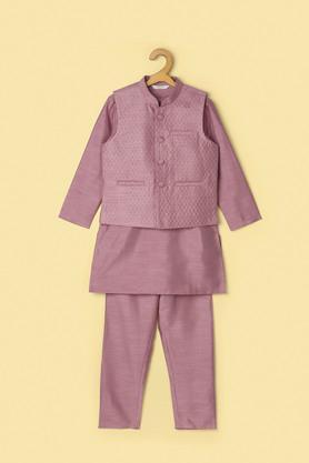 solid silk regular fit boys kurta pyjama jacket set - lavender