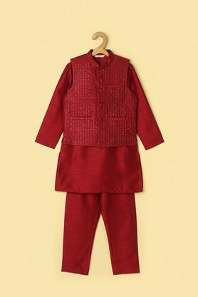 solid silk regular fit boys kurta pyjama jacket set - red