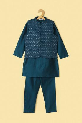 solid silk regular fit boys kurta pyjama jacket set - teal