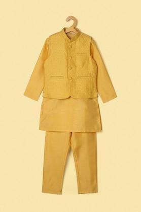 solid silk regular fit boys kurta pyjama jacket set - yellow
