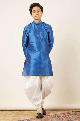 solid silk regular fit boys kurta pyjama set - blue