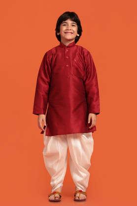 solid silk regular fit boys kurta pyjama set - maroon