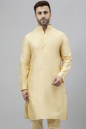 solid silk regular fit men's kurta - fawn