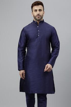 solid silk regular fit men's kurta - navy