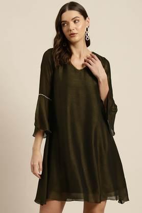 solid silk regular fit women's mini dress - olive