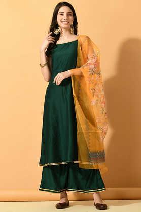 solid silk relaxed fit women's kurta set - green