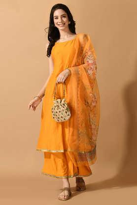 solid silk relaxed fit women's kurta set - yellow