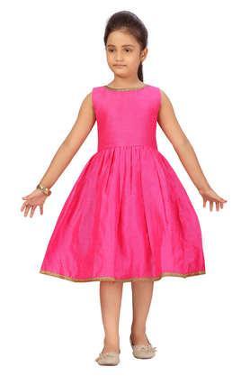 solid silk round neck girls party wear dress - pink