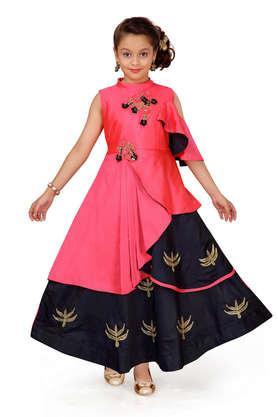 solid silk round neck girls party wear gown - red