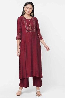 solid silk round neck women's calf length kurta - red