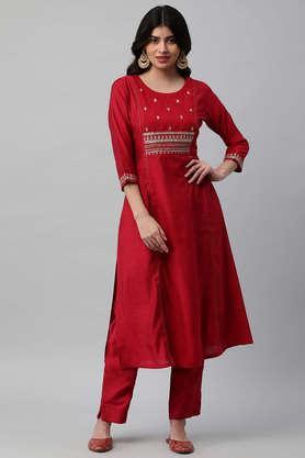 solid silk round neck women's festive wear kurta - red