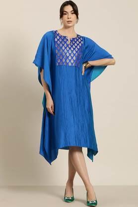 solid silk round neck women's kaftan - royal blue