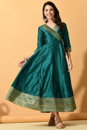 solid silk round neck women's kurta - green