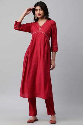 solid silk v-neck women's festive wear kurta - red