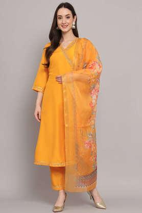 solid silk v neck women's kurta trouser dupatta set - yellow