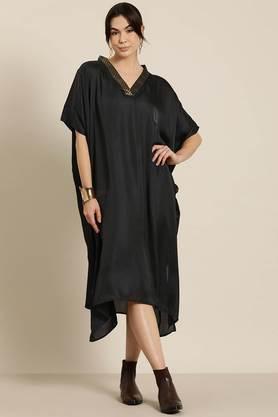 solid silk v-neck women's midi dress - black