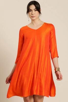 solid silk v-neck women's midi dress - orange