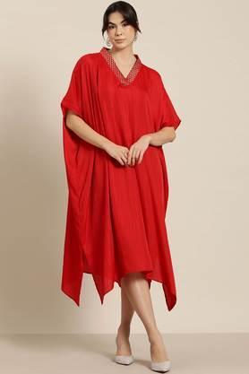 solid silk v-neck women's midi dress - red