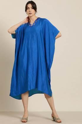 solid silk v-neck women's midi dress - royal blue