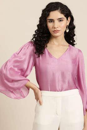 solid silk v neck women's top - pink