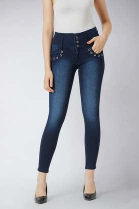 solid skinny denim women's casual wear pants - navy