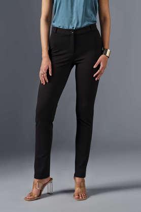 solid skinny fit blended fabric women's formal wear trousers - black