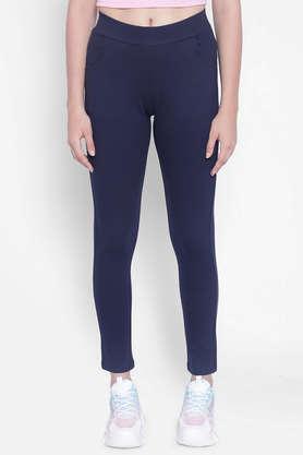solid skinny fit blended women's casual wear track pant - navy
