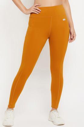 solid skinny fit spandex women's active wear tights - yellow