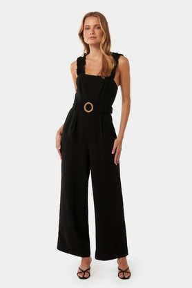 solid sleeveless blended fabric women's jumpsuit - black