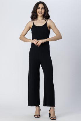 solid sleeveless cotton women's full length jumpsuit - black