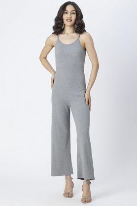 solid sleeveless cotton women's full length jumpsuit - grey