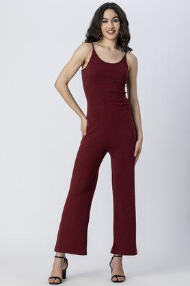 solid sleeveless cotton women's full length jumpsuit - wine