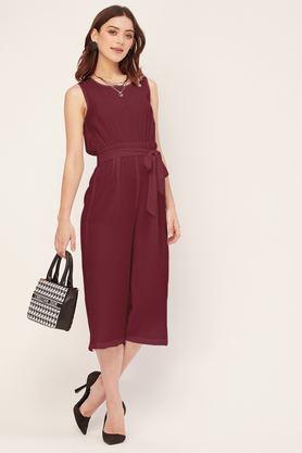 solid sleeveless georgette women's knee length jumpsuit - maroon