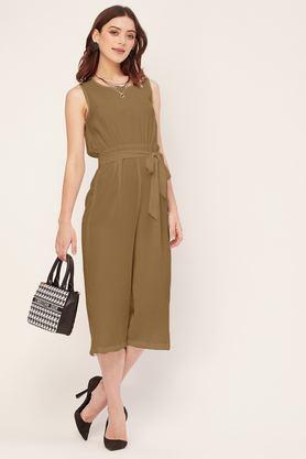 solid sleeveless georgette women's knee length jumpsuit - natural